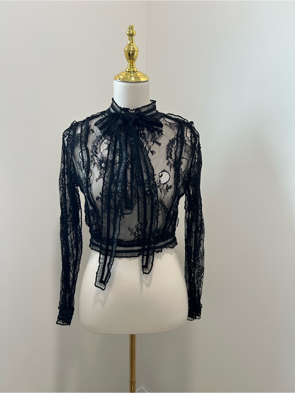 Beulah Black Sheer Lace Tie-Neck Blouse - Picture 3 of 12
